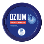 Top-down view of OZIUM lid showing brand name, “Odor Eliminator Original” label and a scratch-and-sniff badge.