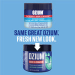 Promotional graphic comparing old and new Ozium jar designs with headline “Same great Ozium. Fresh new look.” and arrow