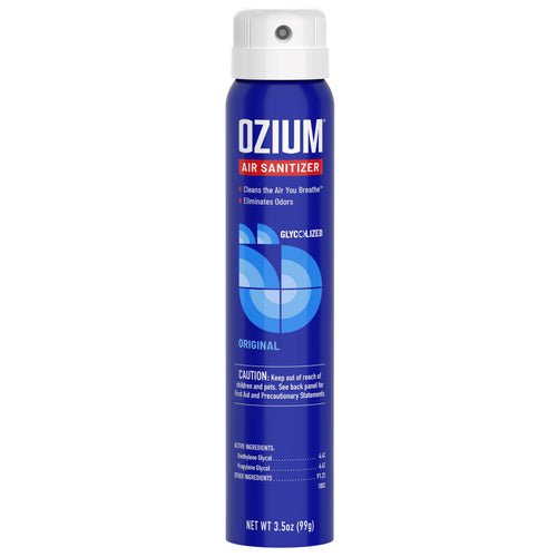Tall blue Ozium air sanitizer aerosol can with white cap and original scent label on white background