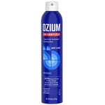 Tall blue Ozium air sanitizer aerosol can with white cap and geometric logo on a white background.