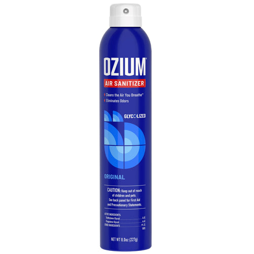 Tall blue Ozium air sanitizer aerosol can with white cap and geometric logo on a white background.