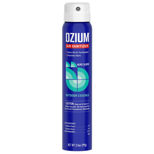 Tall blue aerosol can of OZIUM air sanitizer with white cap and outdoor essence label on a white background