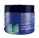 Rear quarter view of a blue Ozium gel jar showing safety directions and decorative green geometric pattern