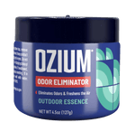 Close-up of a blue Ozium odor eliminator gel jar labeled Outdoor Essence with geometric scent graphics