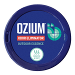 Top-down view of a blue Ozium odor eliminator lid showing brand name, Outdoor Essence text and scratch-and-sniff icon