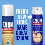 Side-by-side graphic comparing Ozium's old vanilla packaging with the new blue can and text 'Fresh new look. Same great Ozium.'