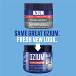 Marketing graphic showing old and new Ozium gel can designs with headline about fresh new look