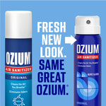 Comparison graphic showing Ozium old packaging on left and new blue can on right with text ‘fresh new look’