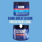 Promotional image showing older and new OZIUM gel can designs with text “Same great OZIUM. Fresh new look.” and an arrow.