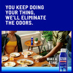 Promotional image with bold text about eliminating odors and a dinner table scene with an Ozium can on a side table.
