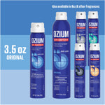 Promotional graphic showing 3.5 oz and 8 oz OZIUM blue cans and smaller fragrance variants on a blue background