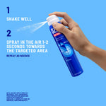 Instruction graphic with a hand spraying an OZIUM can and steps advising to shake well and spray 1–2 seconds toward target area.