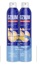 Two blue Ozium air sanitizer cans side-by-side with vanilla graphic and prominent '2-pack' label on front