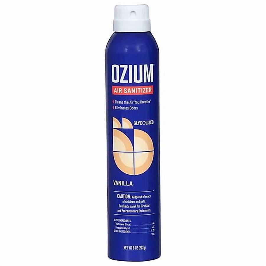 Tall blue Ozium air sanitizer aerosol can with vanilla label and white cap on a white background.