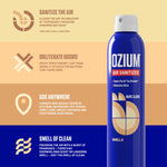 Stylized product feature graphic with a single Ozium vanilla air sanitizer can and icons describing uses and benefits