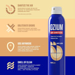 Vertical infographic showing an Ozium air sanitizer can and three panels describing sanitize the air, obliterate odors, and use anywhere.