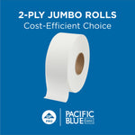 White jumbo toilet paper roll on a blue background with text stating “2-PLY JUMBO ROLLS” and Pacific Blue branding.