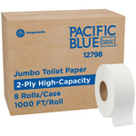 Cardboard case labeled PACIFIC BLUE basic with a jumbo toilet paper roll beside it