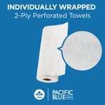 Single Pacific Blue Select white paper towel roll with close-up bubble showing embossed swirl texture on blue background.