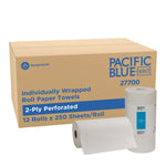 Cardboard bulk case labeled Pacific Blue Select with two white individually wrapped paper towel rolls shown in front.