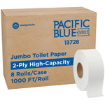 Cardboard case labeled PACIFIC BLUE select with a single white jumbo toilet paper roll positioned in front of the box.