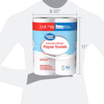 Size comparison image showing Great Value two-roll pack with dimensions over a silhouetted torso outline.