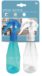 Packaged set of two plastic spray bottles with blue and clear triggers against blue product card showing kitchen lifestyle icons.