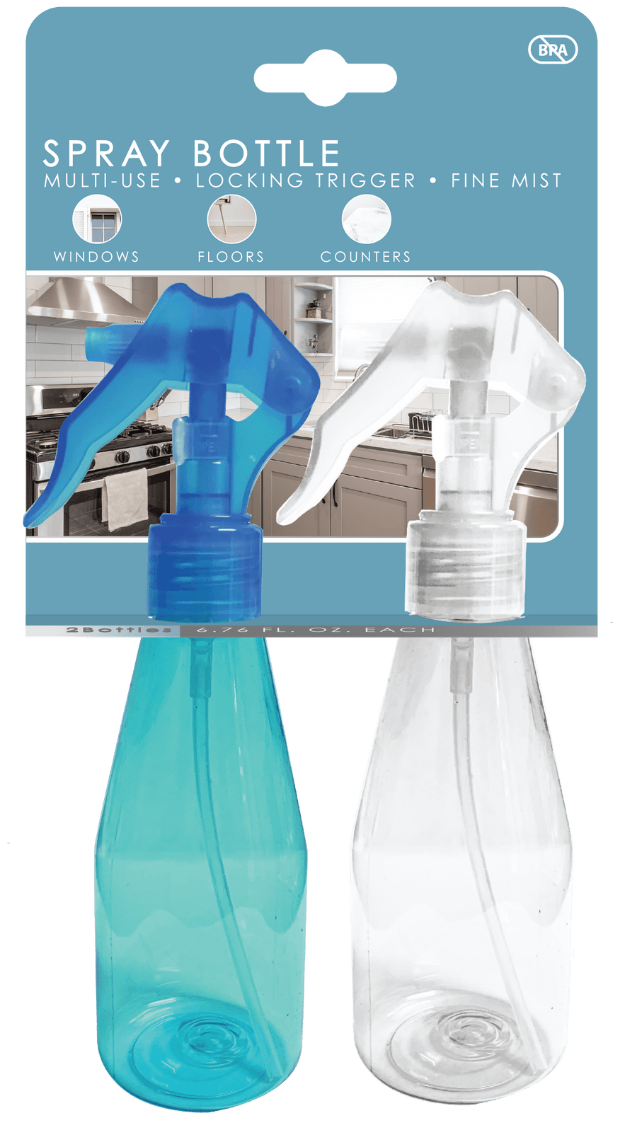 Packaged set of two plastic spray bottles with blue and clear triggers against blue product card showing kitchen lifestyle icons.