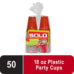 Packaged stack of red Solo squared party cups in a clear tied bag with label
