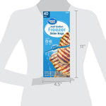 Product-overlaid silhouette showing Great Value half-gallon freezer slider bag box with height and width measurements