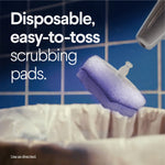 Close-up of a purple disposable scrubbing pad being tossed toward a trash can with text promoting easy-to-toss pads.