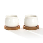 Pair of glossy white jar-shaped ceramic pots each seated on a round bamboo saucer shown empty on white background