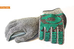 Two gray knit gloves laid flat, one showing palm-side teal grip pattern and one back-side