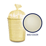 Illustration of a tied pale yellow trash bag inside a wire wastebasket with a circular swatch labeled 'bag color'.