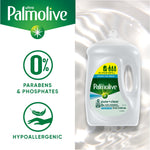 Palmolive product shot beside icons reading 0% parabens & phosphates and hypoallergenic on wavy background
