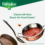 Text graphic with Palmolive logo and a saucepan of tomato sauce and utensils illustrating cleaning 48-hour stuck-on food faster