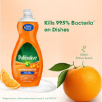 Palmolive antibacterial orange dish soap bottle beside an orange and a wedge with text claiming it kills 99.9% of bacteria