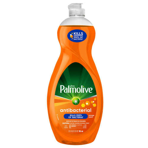 Single Palmolive antibacterial orange dish soap bottle on white background showing label and pump cap