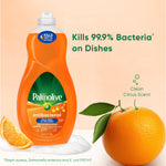 palmolive antibacterial orange scent dish liquid bottle with an orange slice and whole orange on a light background