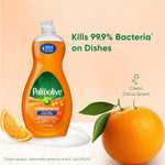 Palmolive Ultra antibacterial orange dish soap bottle beside an orange and text claiming kills 99.9% bacteria