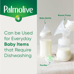 Palmolive branding panel and photo of baby bottle, breast pump and pacifier with text about cleaning baby items