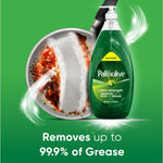 Palmolive Ultra Strength green bottle beside a greasy pan on a green background with text about removing 99.9% of grease