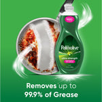 Palmolive Ultra Strength bottle beside a greasy frying pan graphic with '99.9% of grease' claim