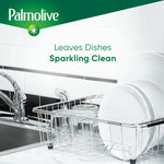 Kitchen sink and drying rack with clean white plates and glasses plus Palmolive branding and text about sparkling clean dishes