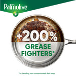 Top-down stainless frying pan half covered in burnt grease with text overlay '+200% grease fighters' and Palmolive logo