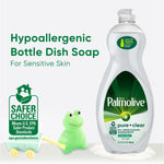 Palmolive pure+clear bottle with Safer Choice badge and text claiming hypoallergenic bottle dish soap for sensitive skin