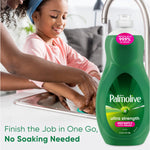 Lifestyle image of an adult and child washing at a sink with a large Palmolive Ultra Strength bottle overlaid at right and cleaning copy at bottom.