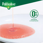 Pink-orange Palmolive liquid being poured onto a plate with branding and '0% parabens & phosphates' badge