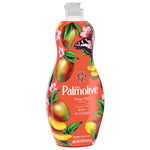 Angled front view of Palmolive Mango Bliss dish liquid bottle with mango and floral artwork