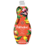Studio front product shot of Palmolive Mango Bliss dish liquid bottle with bright mango illustrations